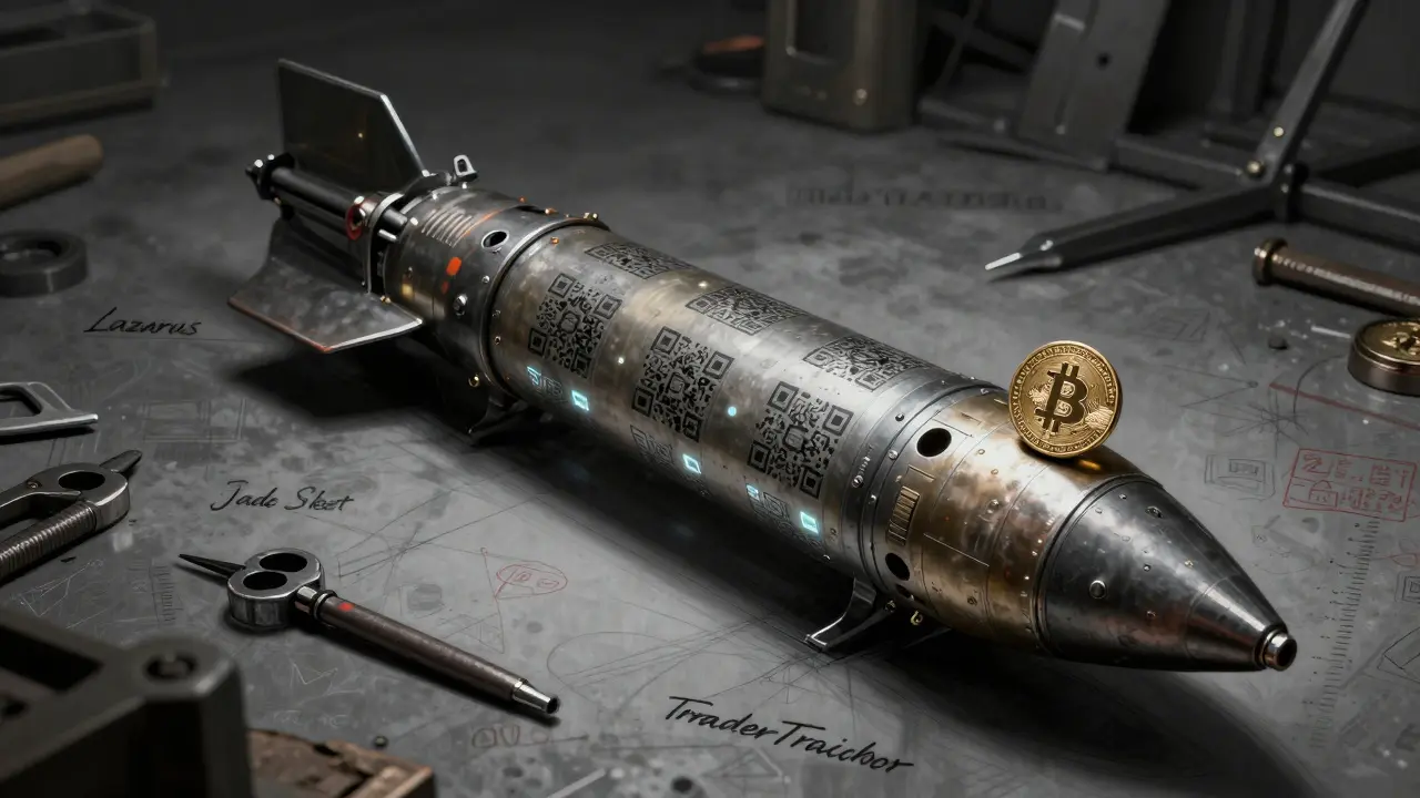 A missile with crypto wallet QR codes on its casing, surrounded by tools labeled with North Korean hacker group names.