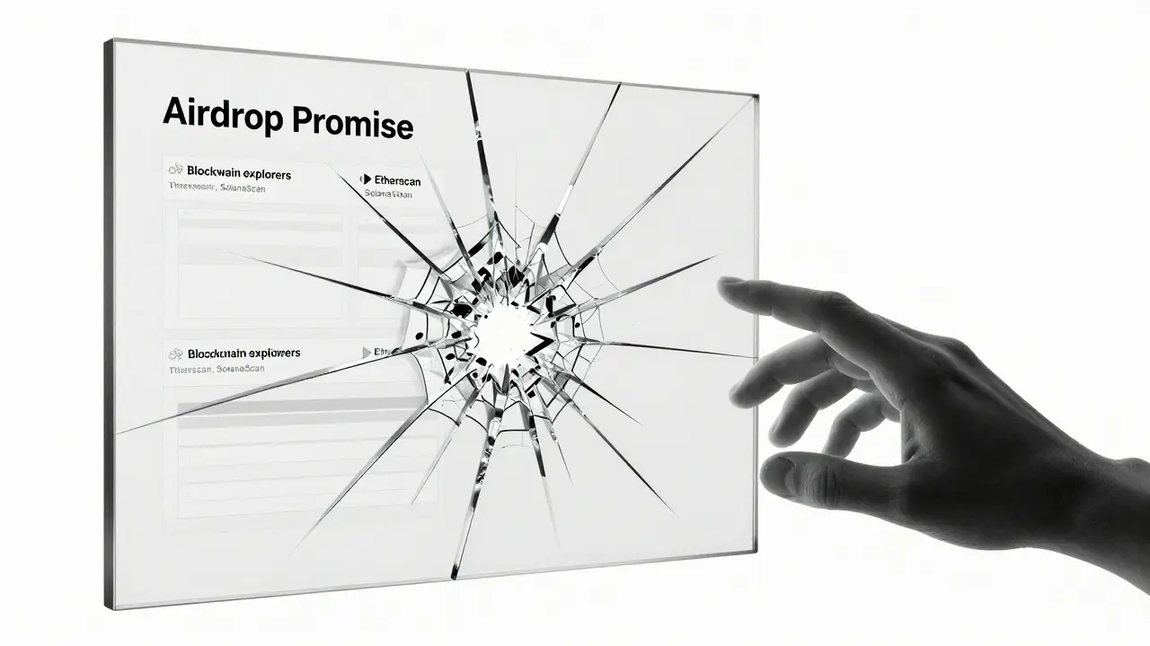 A shattered glass panel labeled 'Airdrop Promise' with empty blockchain logs behind it.