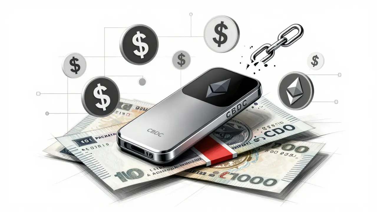 A sleek digital dollar device surrounded by blocked crypto transactions and broken chains.