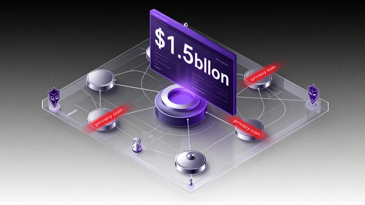 A transparent blockchain network with .5 billion in Ether flowing through nodes, obscured by privacy coin symbols.