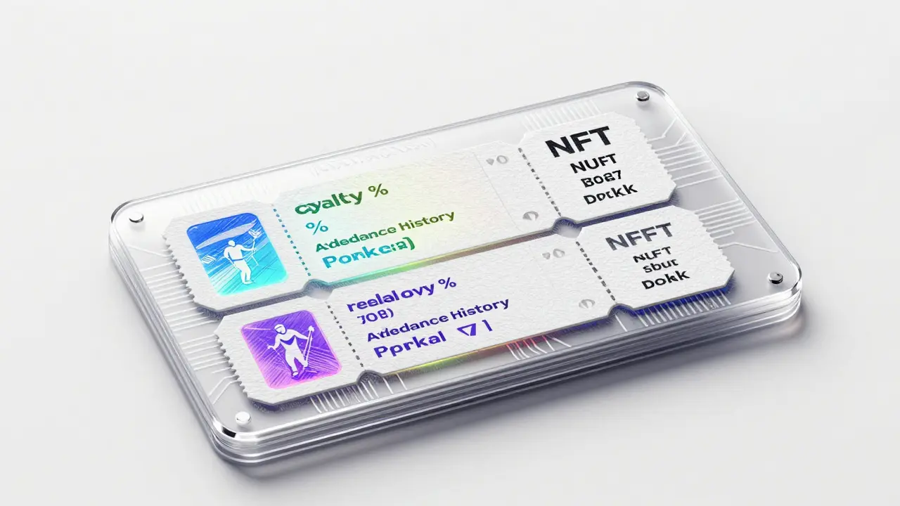 A transparent digital wallet card with three NFT tickets, each showing unique metadata through etched circuit patterns.