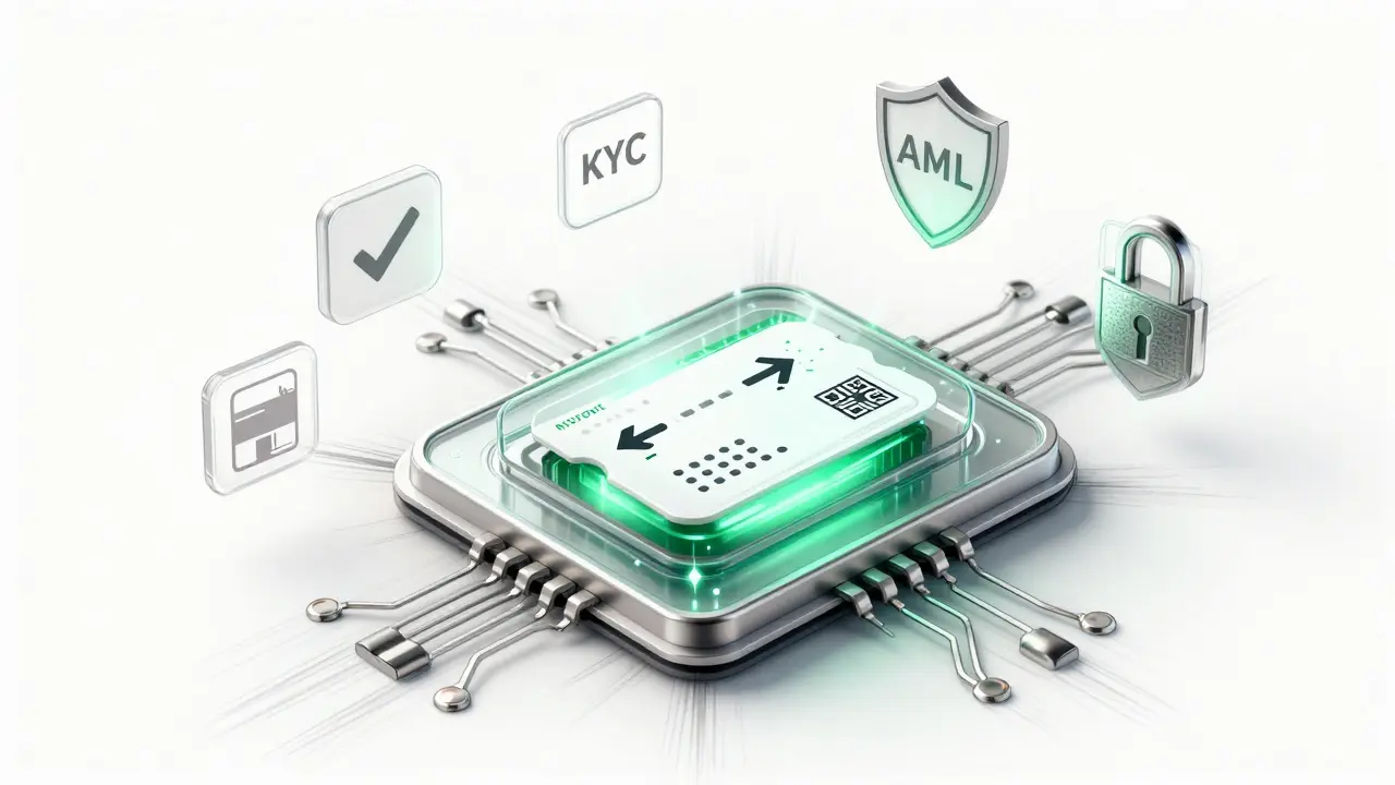 A transparent smart contract chip triggering payments for flight cancellations and warehouse deliveries.