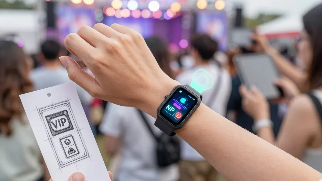 A wearable NFT wristband displaying holographic perks like digital posters and VIP badges, rendered in technical sketch style.
