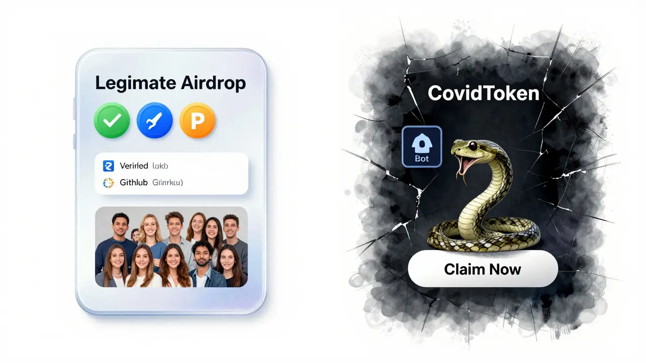 Contrasting design sketches of a legitimate airdrop versus a fake CovidToken scam with verified and malicious elements.