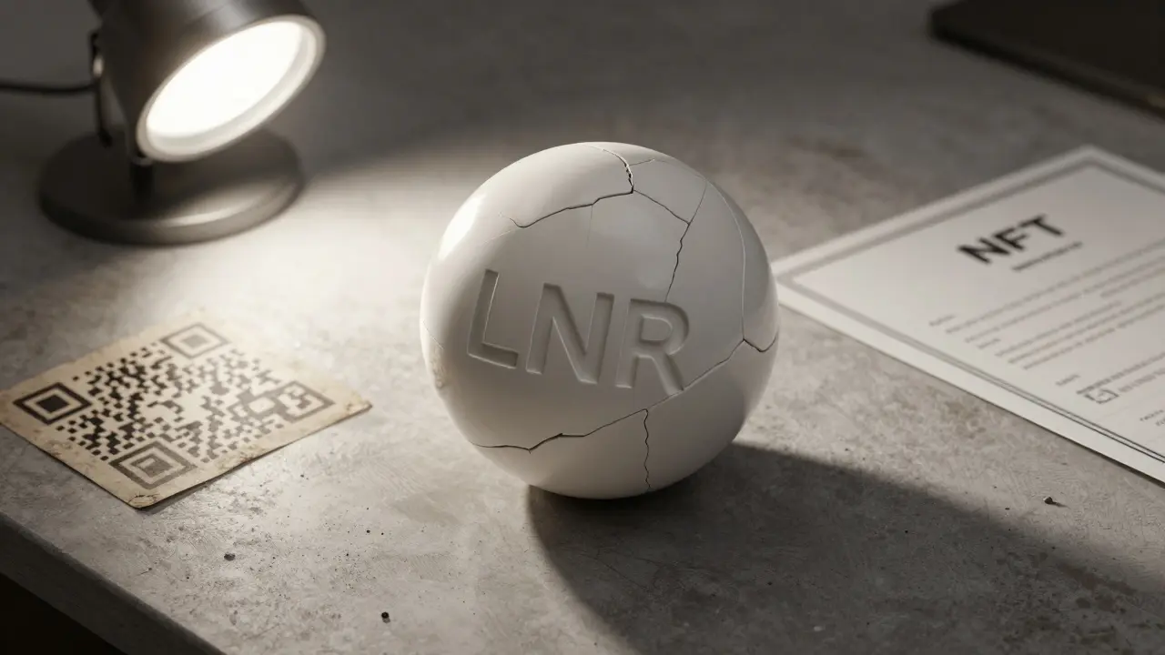 Cracked ceramic orb labeled 'LNR' on a dusty desk beside an empty NFT certificate.