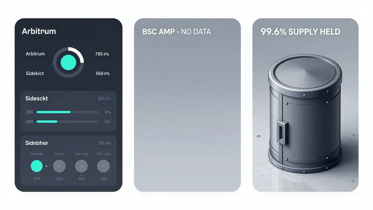 DeFi dashboard comparing active projects with a blank BSC AMP panel and locked vault labeled '99.6% SUPPLY HELD'.
