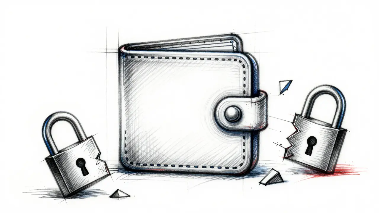 Design draft showing an empty wallet icon with broken security lock symbols.