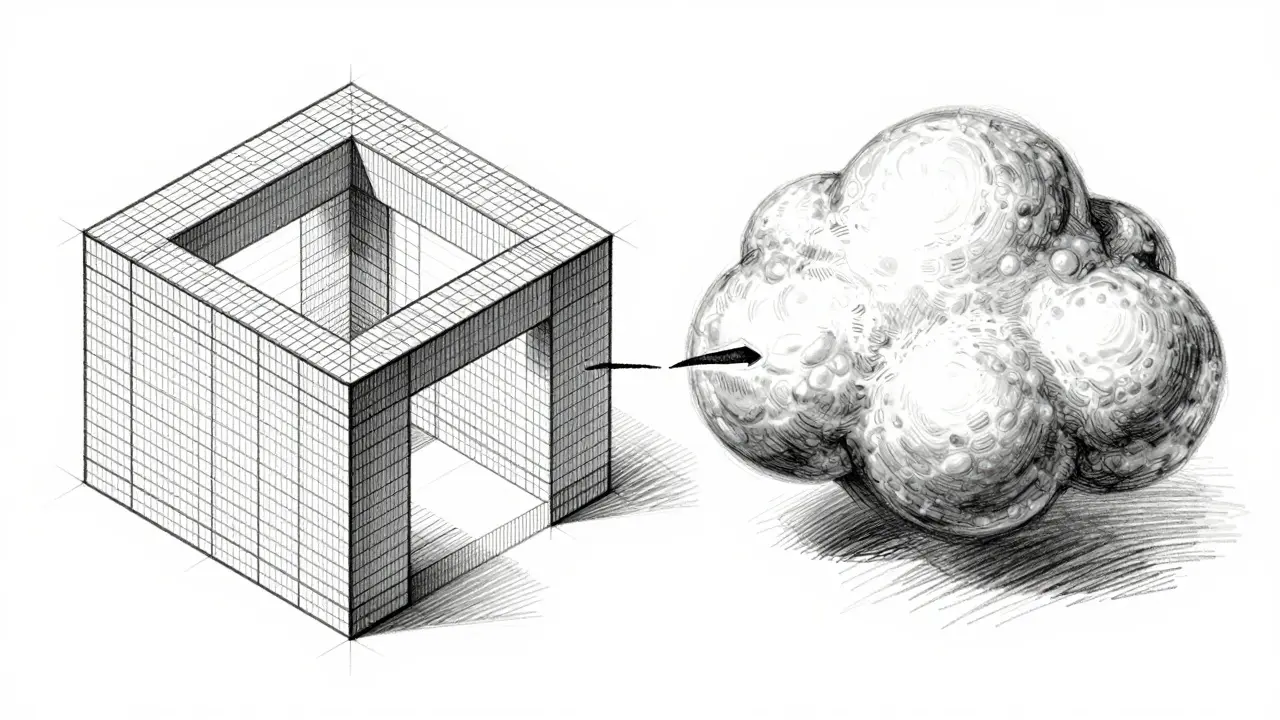 Design drawing of rigid grid structures versus organic cloud shapes on paper.
