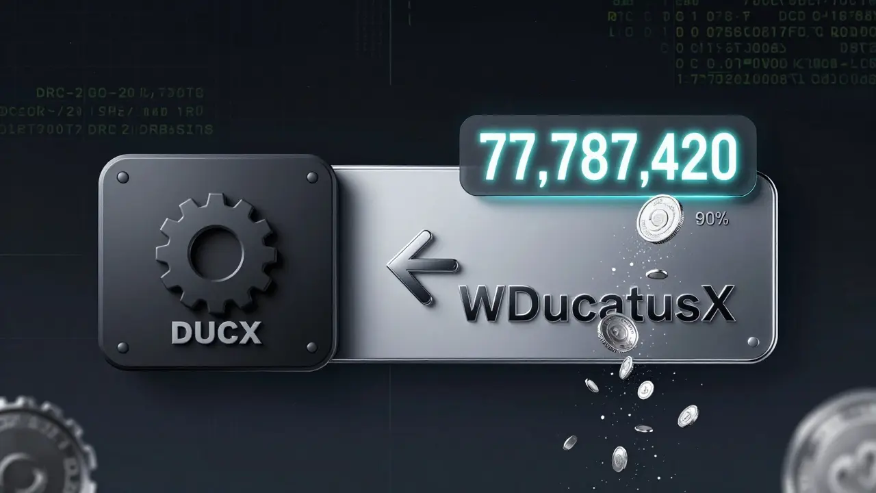 Dual-token interface panel showing DUCX and WDucatusX with burning token particles.