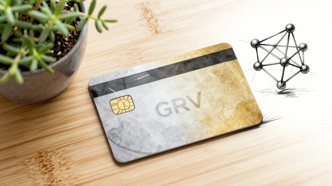 Elegant crypto credit card with Grove Coin logo beside a potted herb and blockchain graphic on bamboo surface.