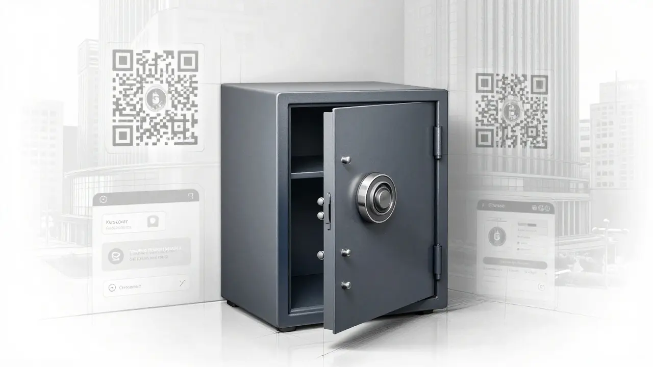 Empty locked safe embedded in a wall with fading crypto and bank app outlines, monochromatic urban aesthetic.