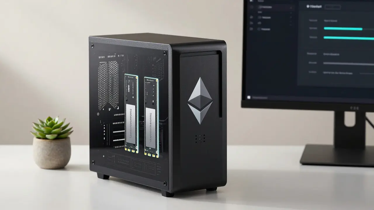 Ethereum full node workstation with NVMe SSDs and glowing accents in modern design