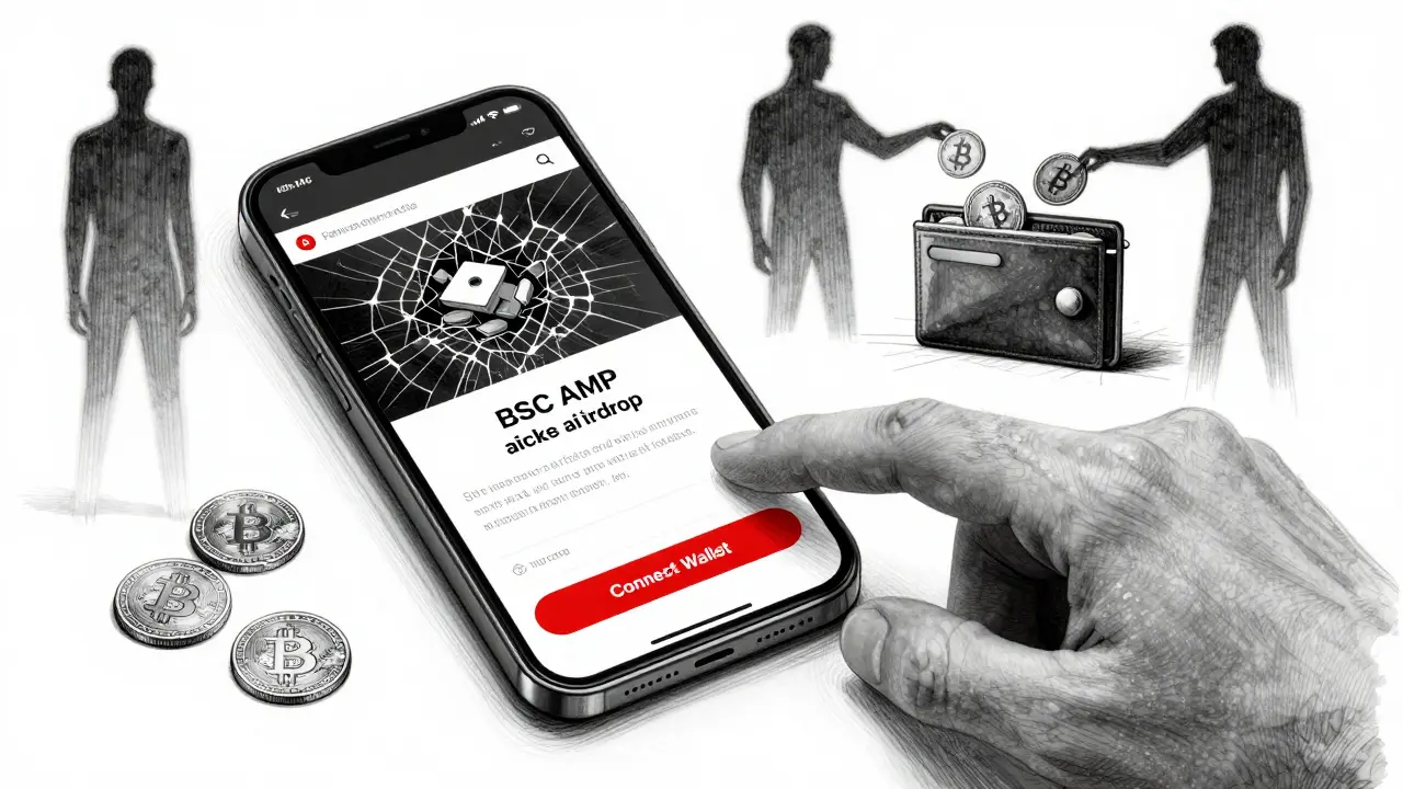 Hand hovering over a fake airdrop page on a cracked phone, shadowy figures draining crypto funds.