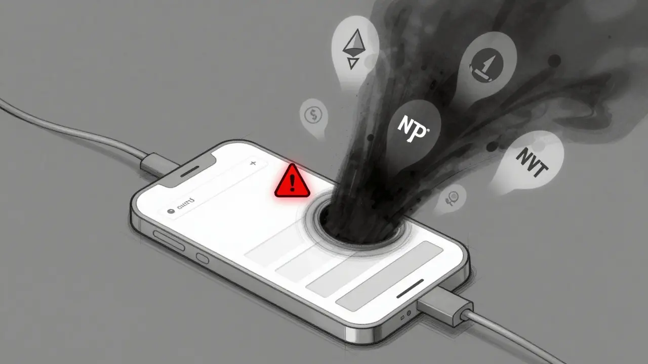 Minimalist wallet sketch showing empty token slots as crypto assets are drained into a dark vortex.