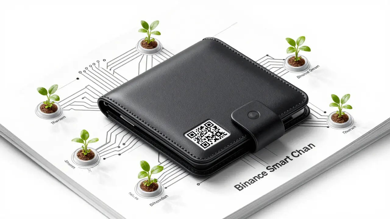 Modular GroveKeeper wallet with QR code resting on a blueprint of Ethereum and Binance chains with growing plants.