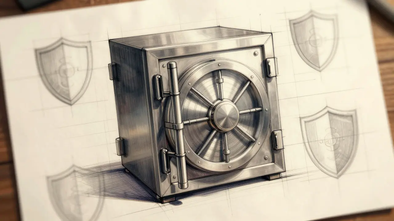 Rendered product sketch of a secure vault surrounded by protective shield motifs.