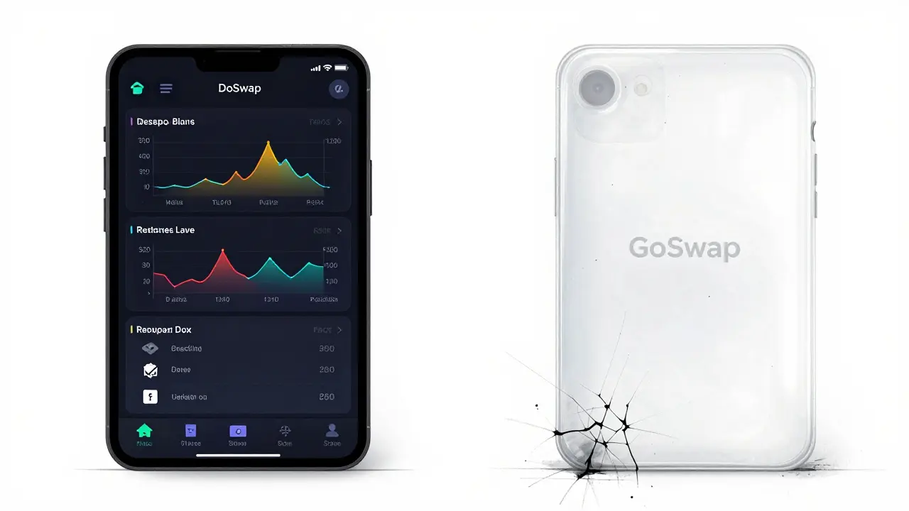 Side-by-side design sketch showing a live DEX versus a hollow, dissolving shell labeled GoSwap.