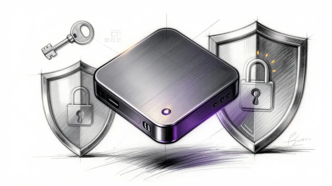 Technical drawing of a hardware crypto wallet with security symbols.