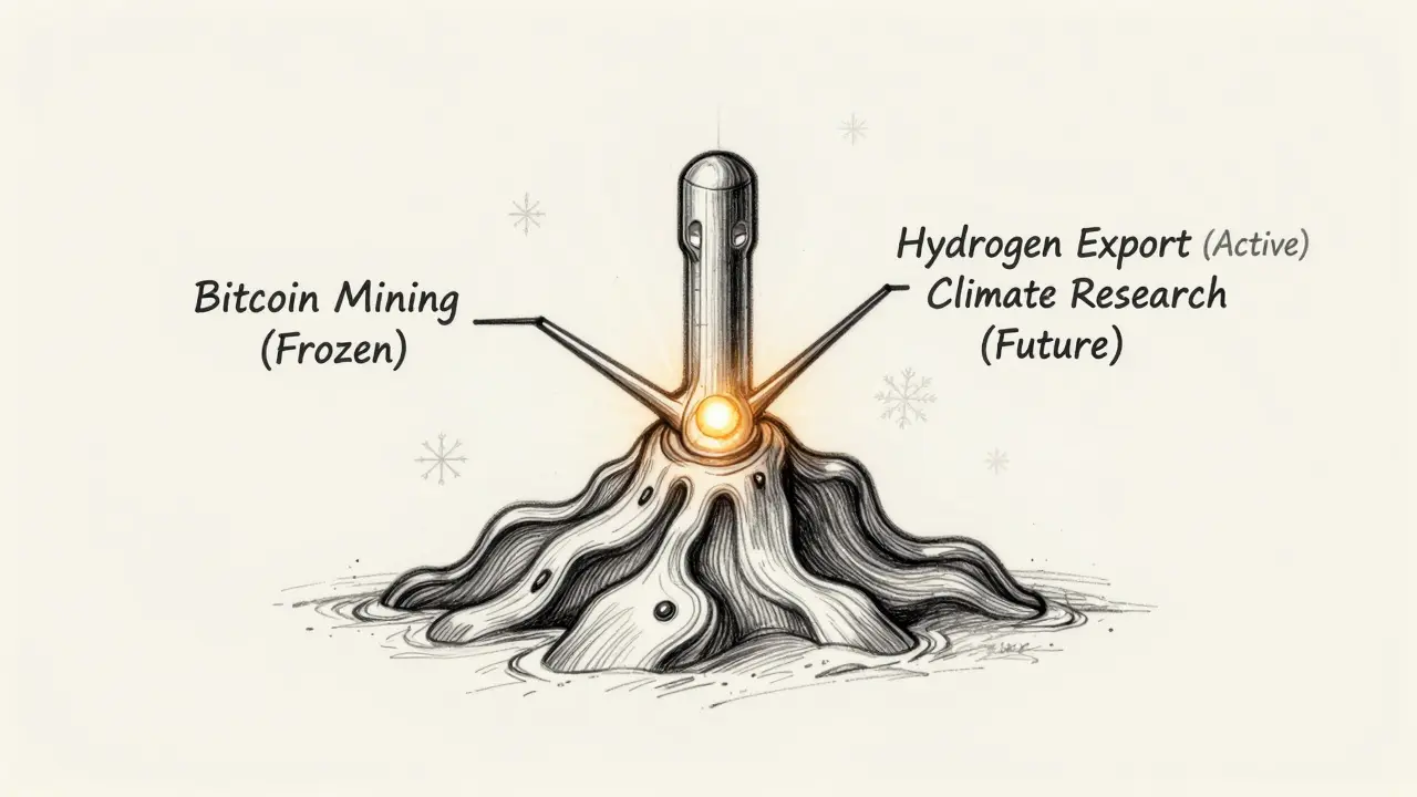 Technical sketch of power grid node branching to mining, hydrogen, and AI research