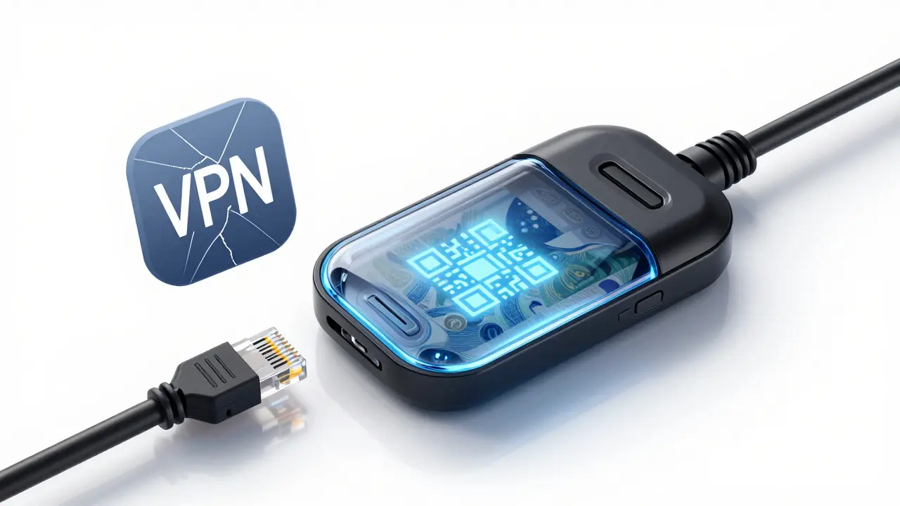 Transparent digital yuan wallet glowing blue beside a shattered VPN icon and severed cable, industrial design.