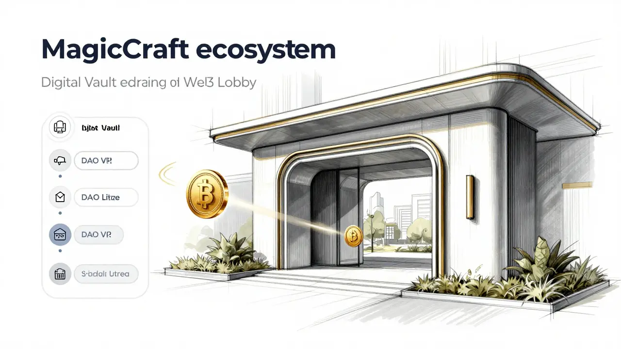 Architectural design sketch of a Web3 Lobby and DAO governance elements with gold accents.