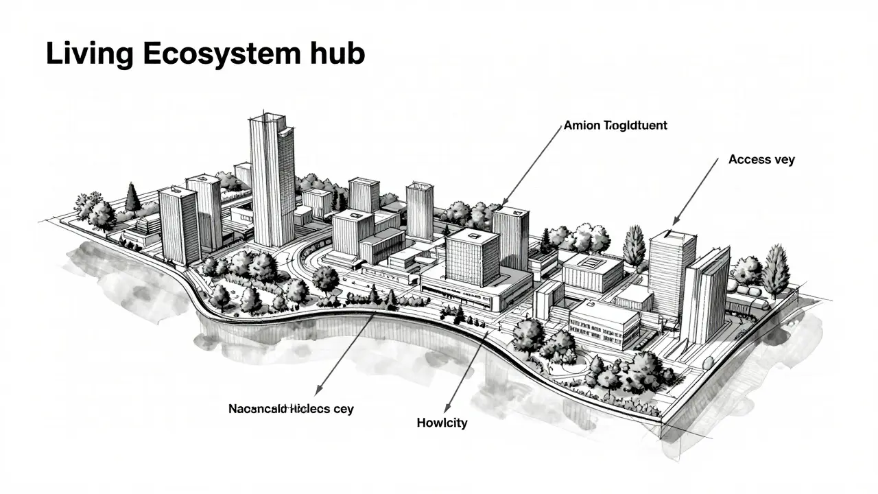 Architectural product sketch of the Howlcity digital ecosystem and virtual plots