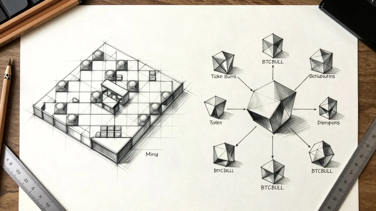 Comparison design sketch of mining grids and token distribution flows on a drafting board.