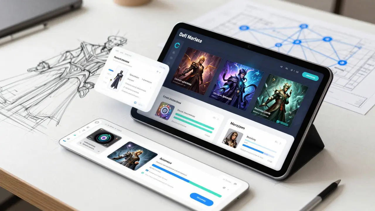 Design sketch of a futuristic DeFi marketplace interface for fantasy NFTs and staking.