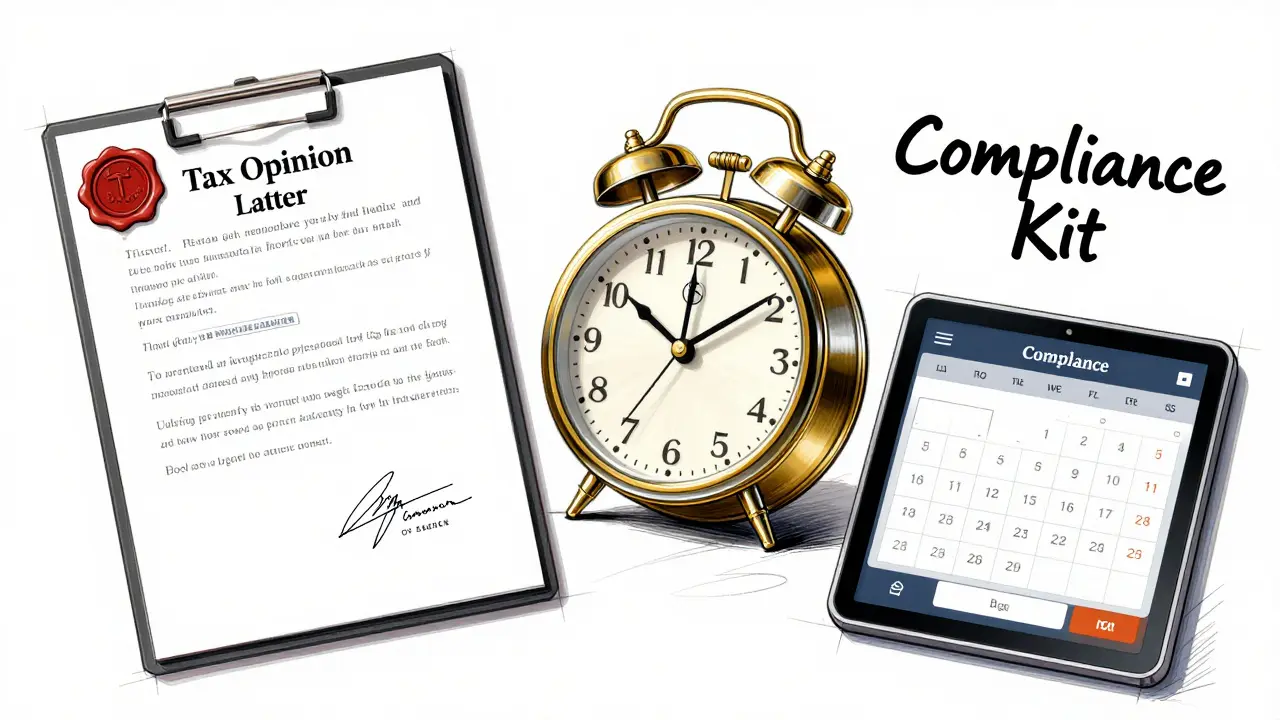 Design sketch of a luxury compliance kit featuring a tax opinion letter and a planning calendar.