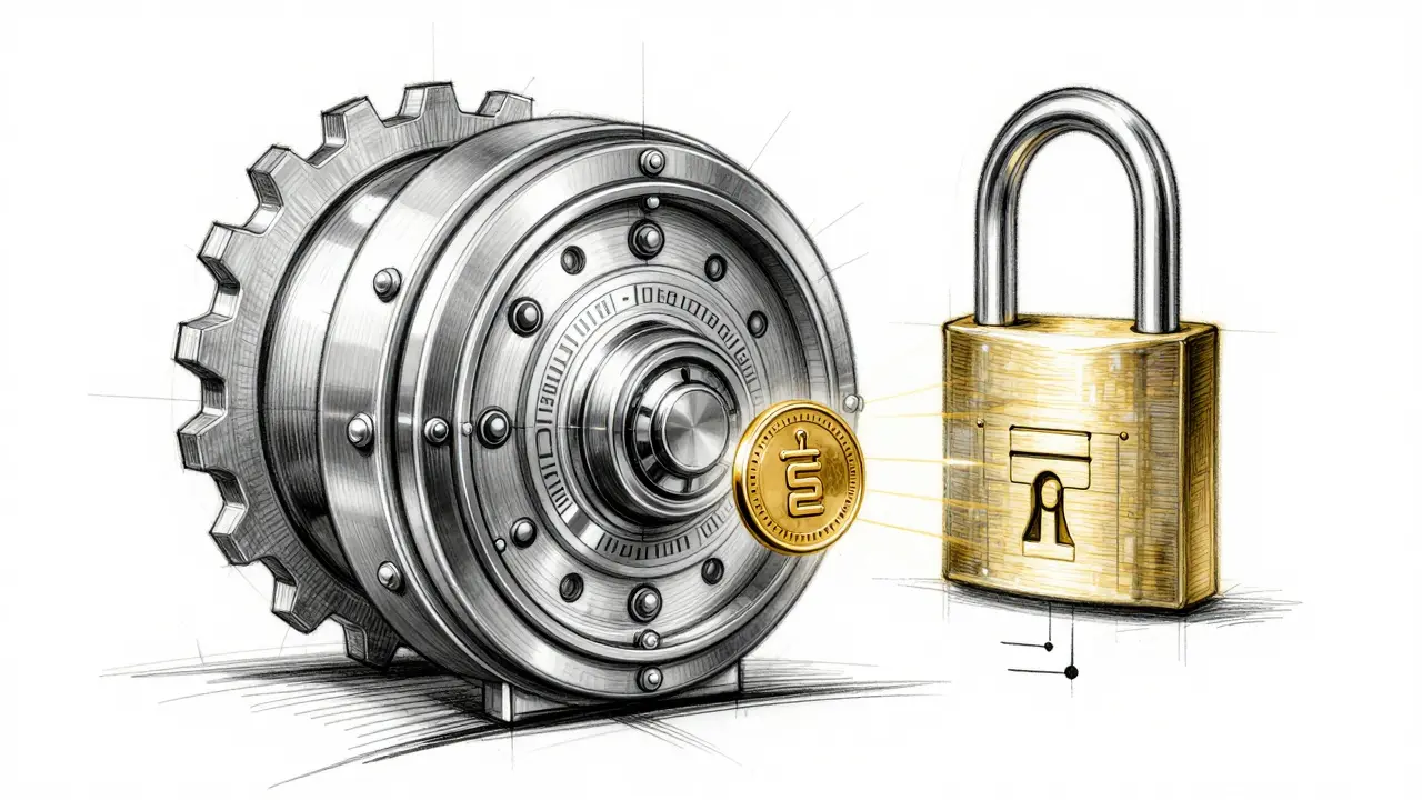 Design sketch of a secure digital vault symbolizing programmable on-chain royalty enforcement.