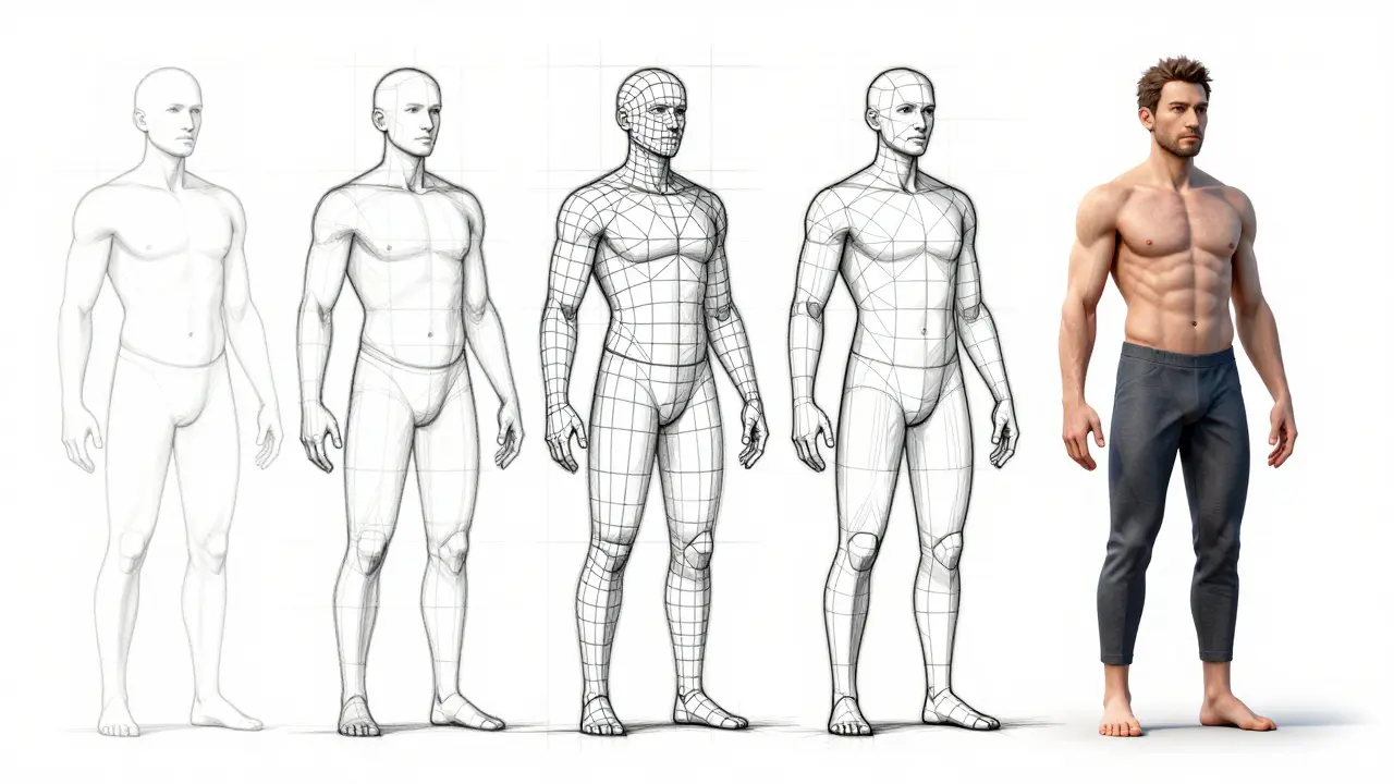 Design sketch showing the step-by-step transition from a human silhouette to a digital 3D avatar.