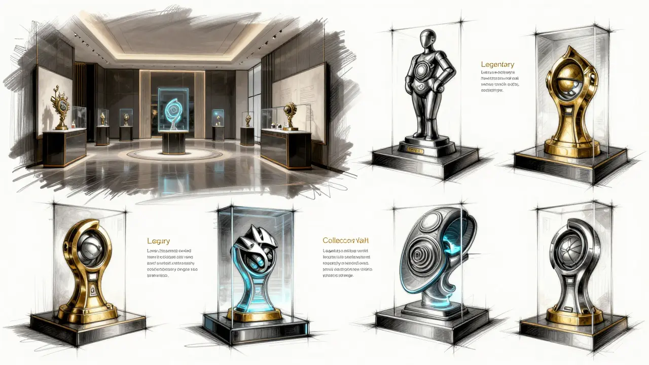 Design sketches of a luxury digital gallery displaying holographic NFTs.