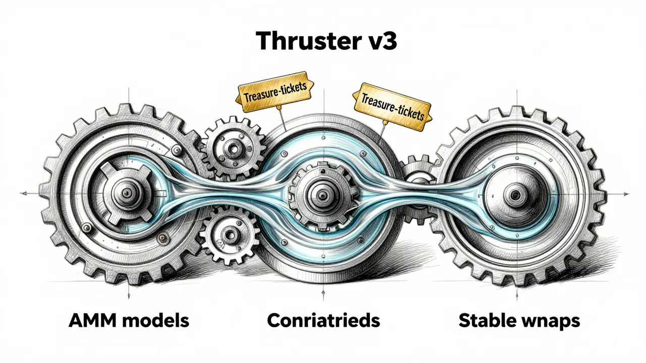 Detailed industrial sketch of AMM liquidity models and treasure-ticket rewards.