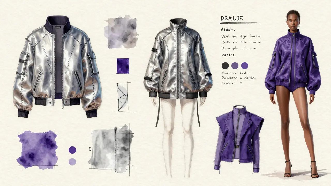 Fashion design sketch of futuristic virtual clothing for a digital avatar on a design board.