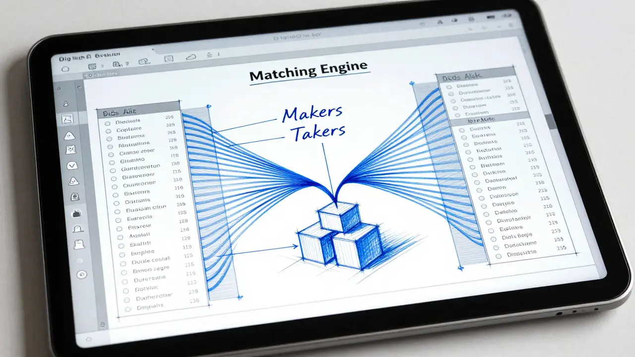 Industrial design sketch of a digital order book with bid and ask data streams