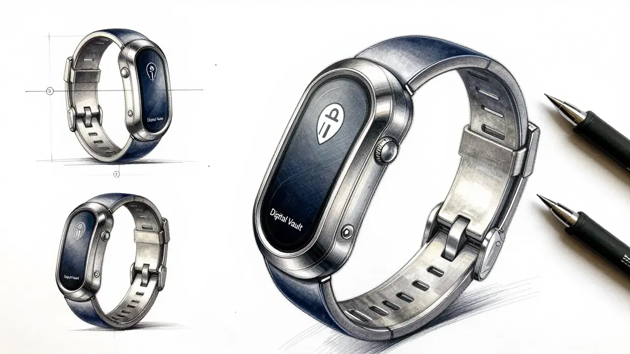Industrial design sketch of a high-tech wearable device for securing cryptocurrency keys.