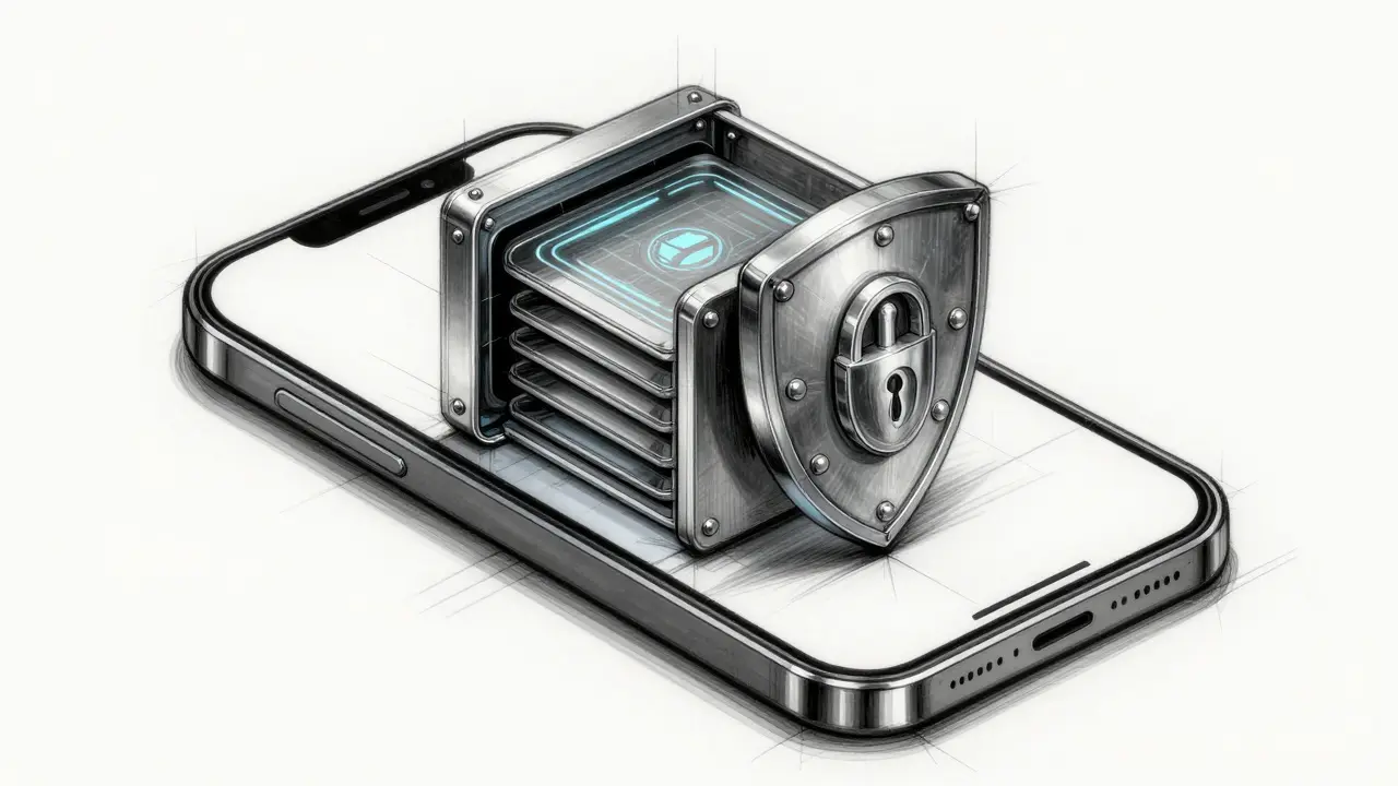 Industrial design sketch of a smartphone protected by a conceptual digital security vault