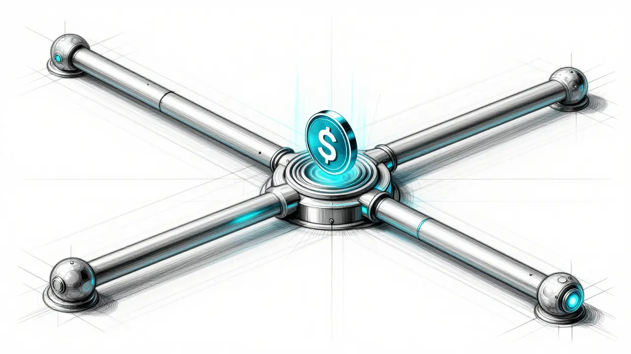 Industrial design sketch of the Solana blockchain network showing fast data conduits.