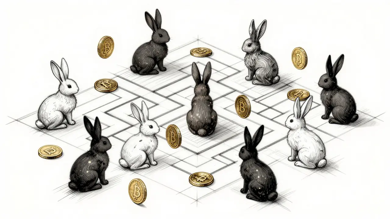Industrial design sketch showing various rabbit silhouettes in a geometric maze of digital coins.