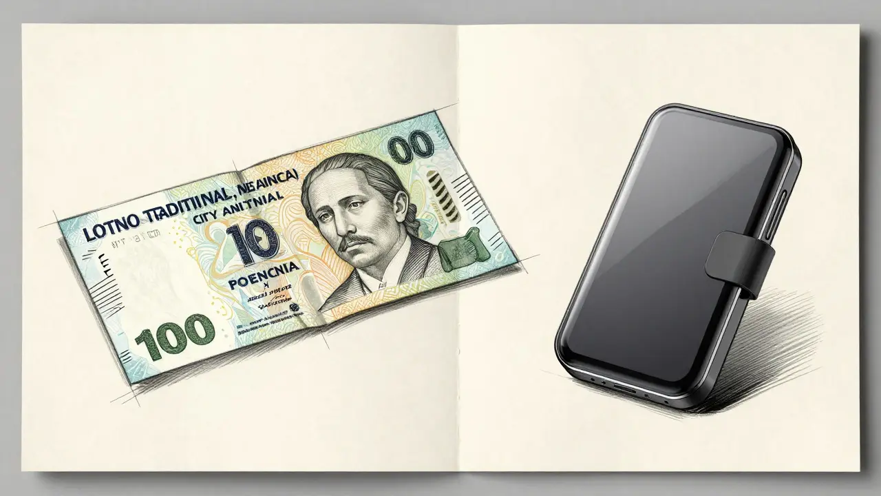 Industrial product sketch comparing a Colombian Peso banknote with a hardware wallet