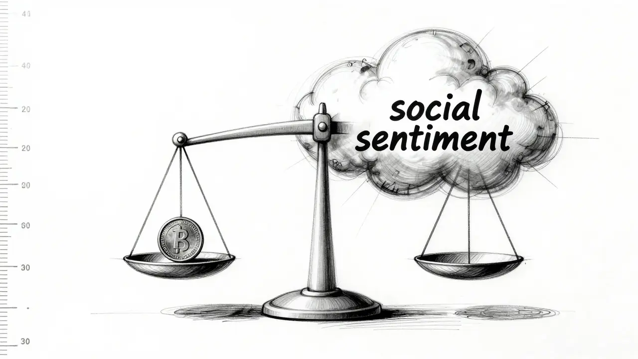 Minimalist design sketch of a balance scale weighing a small token against social sentiment.