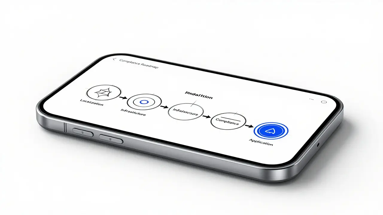 Minimalist product design sketch of a four-phase compliance roadmap for crypto exchanges.