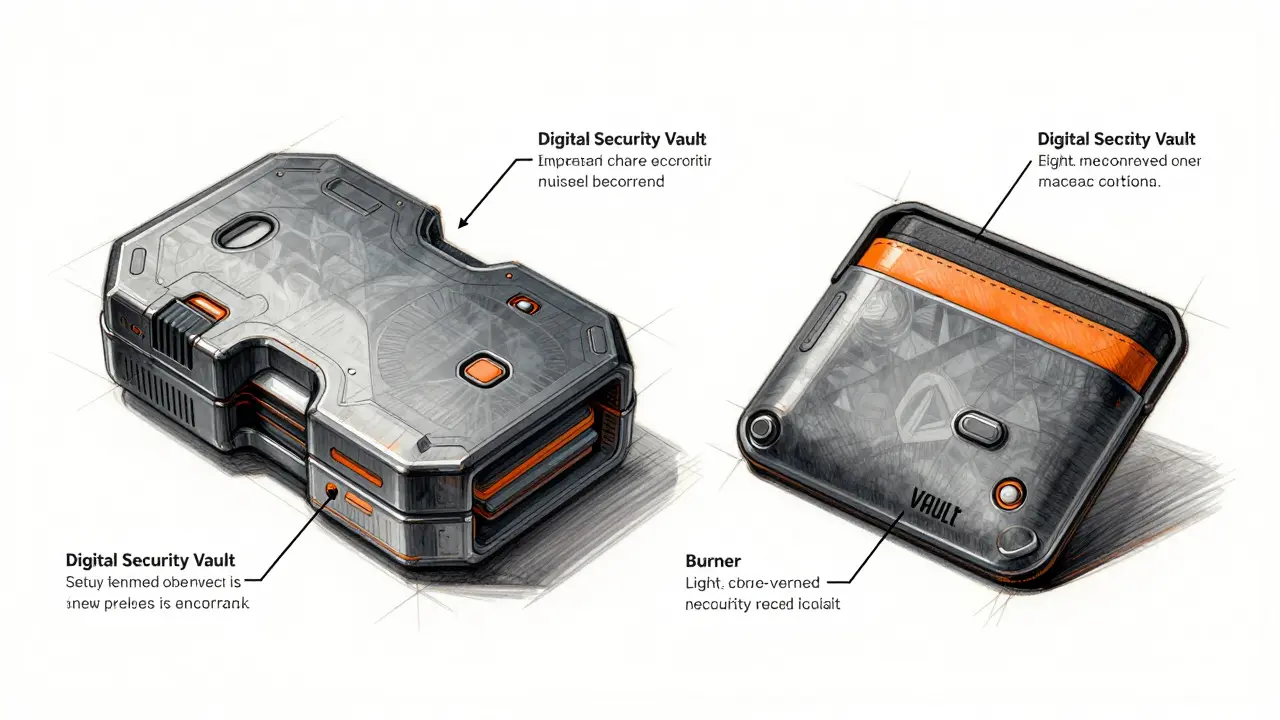 Product design sketch comparing a reinforced security vault wallet and a lightweight burner wallet.