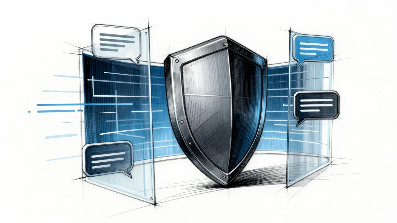 Product design sketch of a digital security shield and chat interface