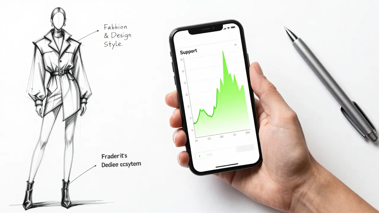 Product design sketch of a hand holding a mobile device displaying a clean crypto chart and volume bars
