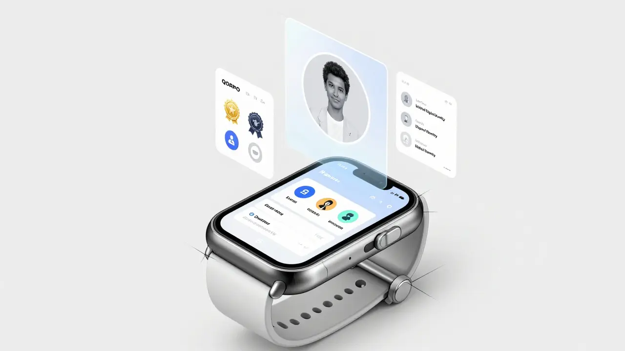 Product design sketch of a holographic digital identity profile on a wearable device.