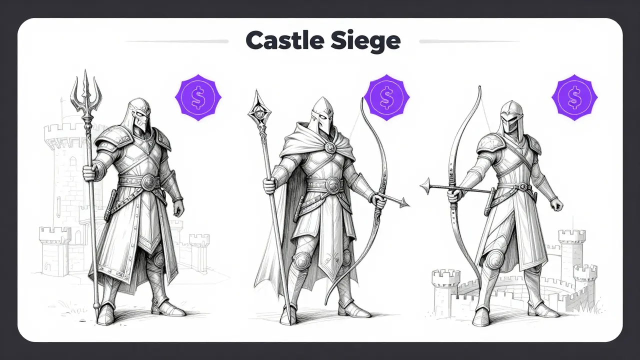 Product design sketches of Warrior, Wizard, and Archer character classes and castle schematics.