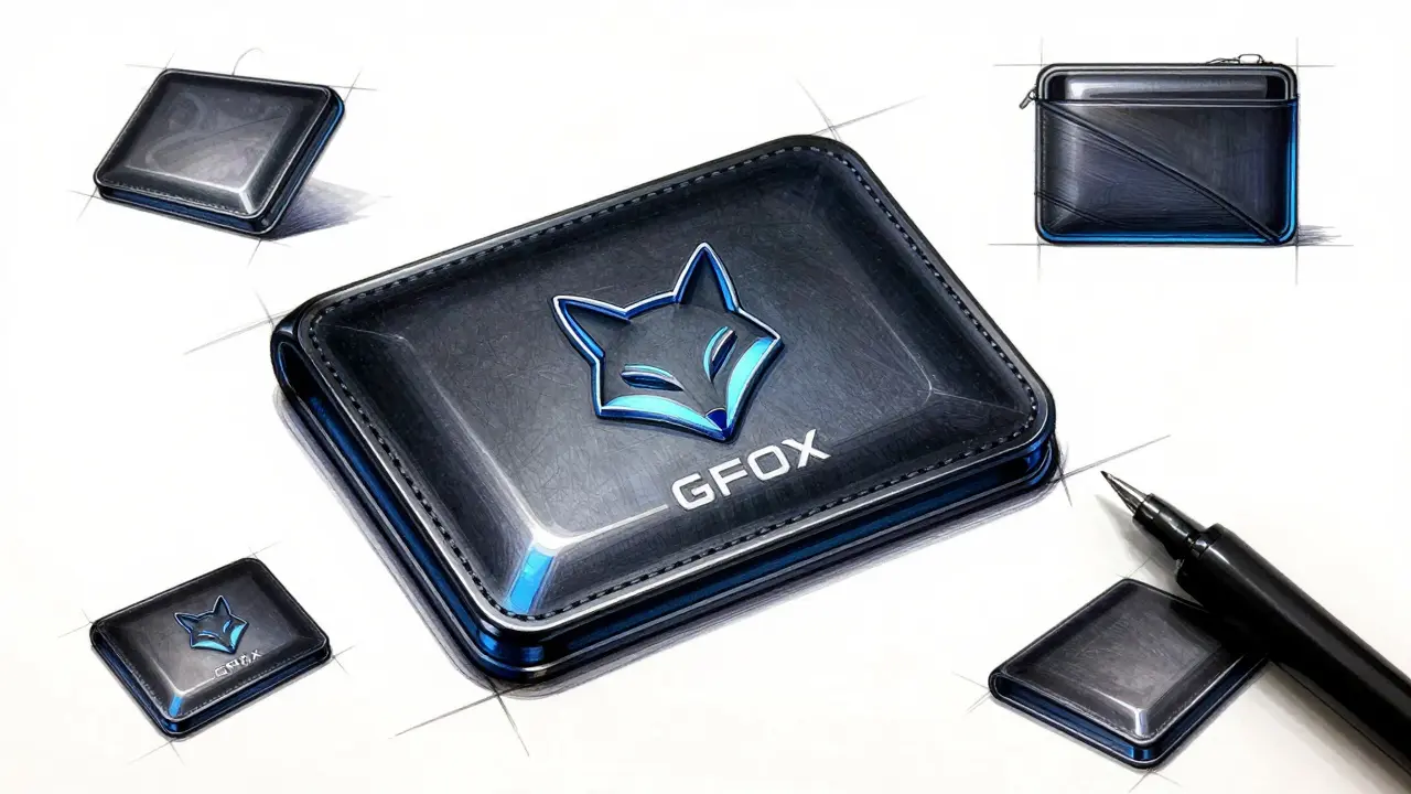 Professional product sketch of a futuristic luxury wallet with a minimalist fox logo.
