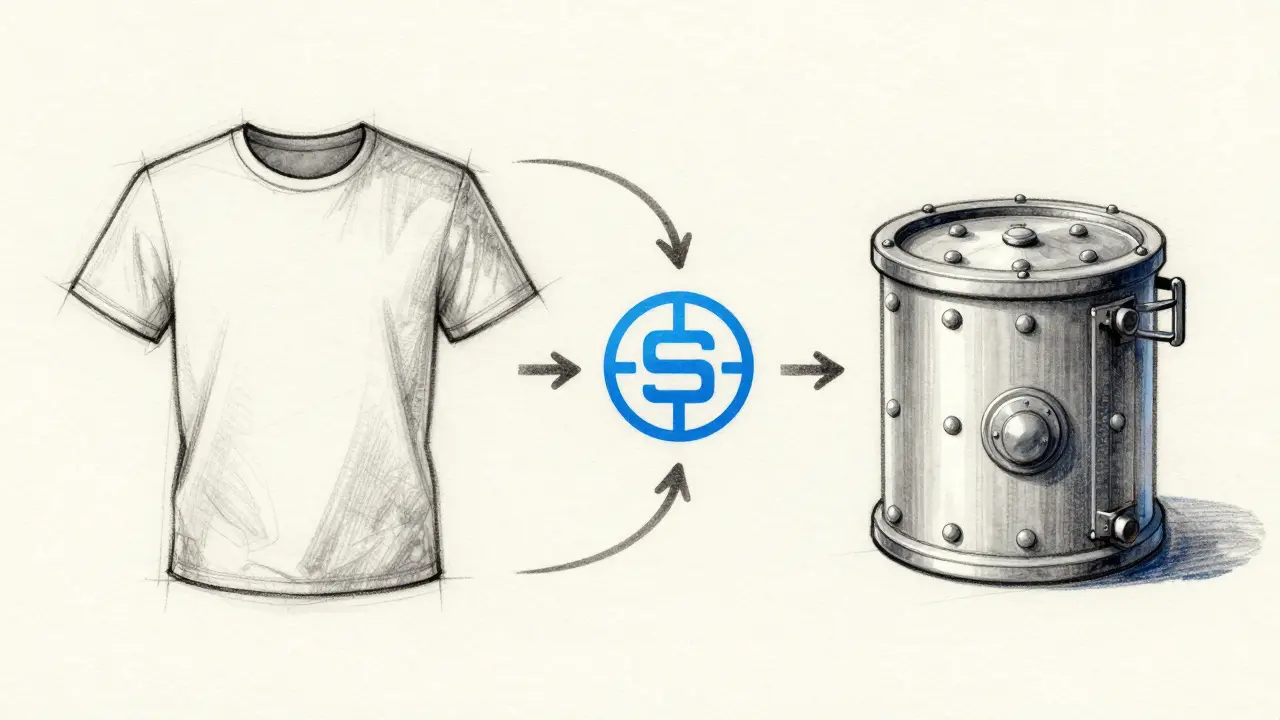 Sketch showing the flow from physical merchandise to digital tokens and a project treasury.