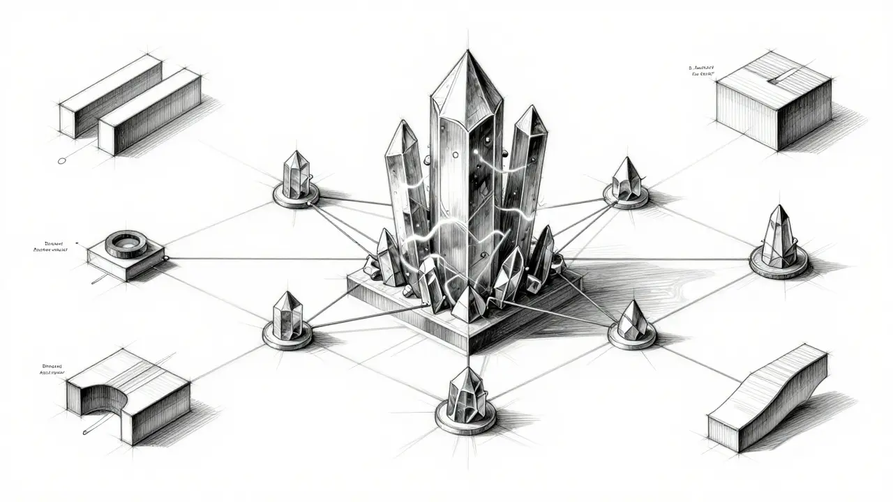 Technical blueprint sketch of a complex DAG network structure with nodes